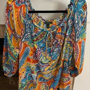Ralph Lauren Blue and Orange Ruffled 3/4 Sleeve Blouse